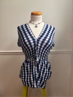 Blue Plaid V-Neck Smocked Waist Tie-Front Blouse
